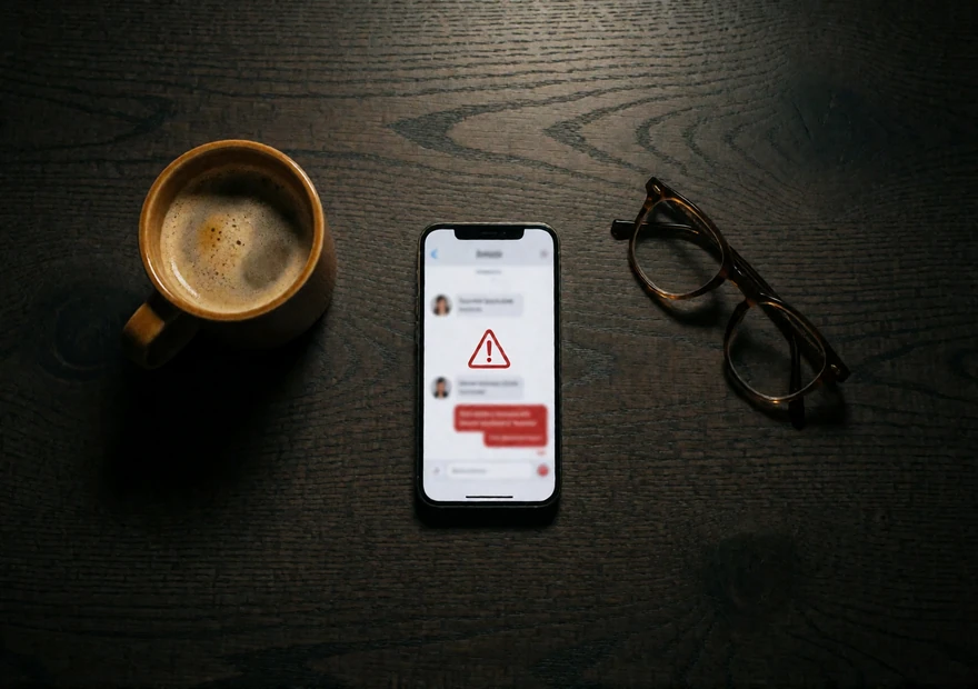 Phone on a dark table at night showing a suspicious money request, an example of the dating scam patterns to avoid online