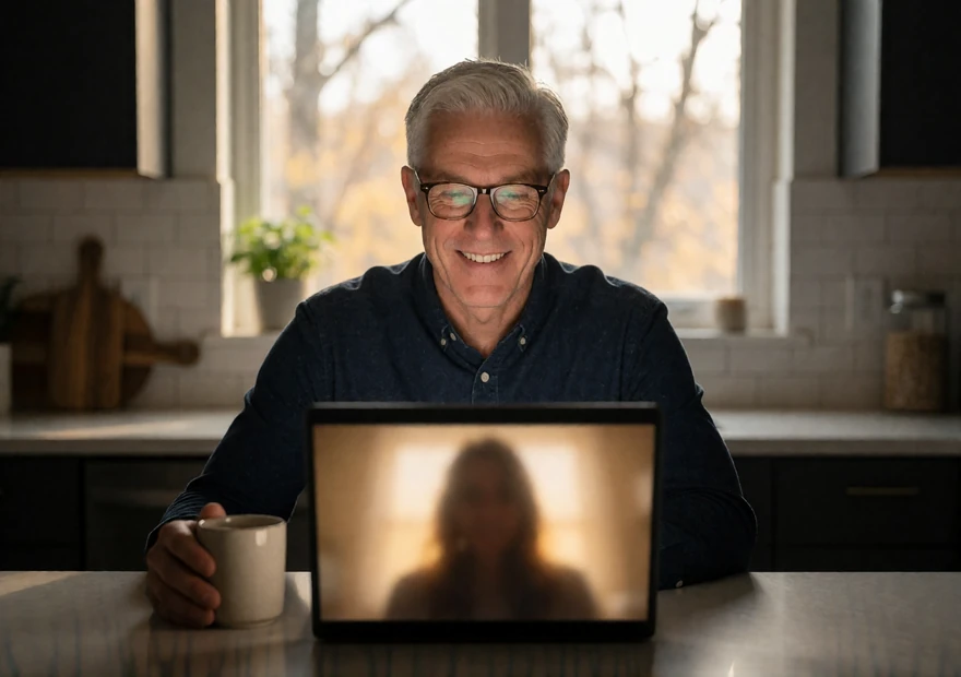Man on a laptop video call at his kitchen table, showing how AsiaFlame conversations move from messages to face-to-face video chat