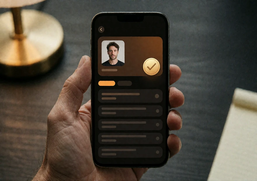 Smartphone showing a member profile card with a gold verification badge, illustrating how verified profiles work on AsiaFlame