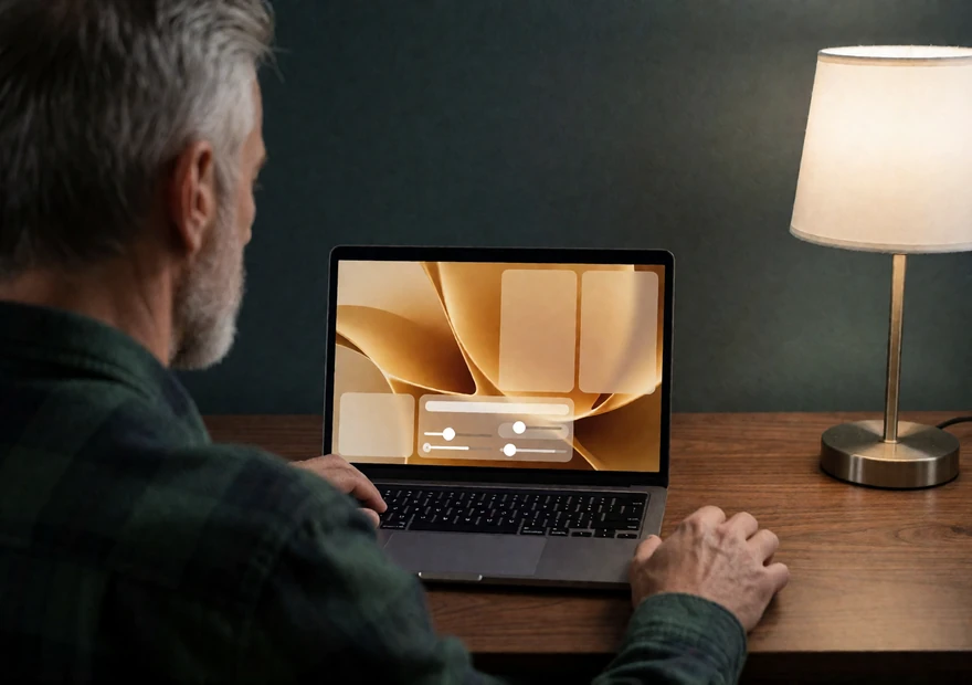 Man at a laptop adjusting country, age and English level search filters, showing how profile filtering works on the AsiaFlame dating site