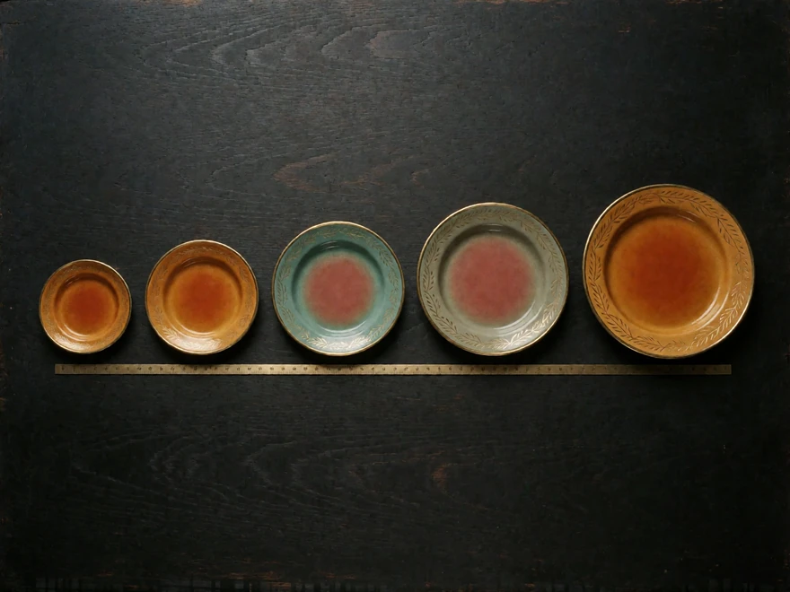 Five ascending brass and enamel plates representing AsiaFlame credit packages from Starter to Ultimate
