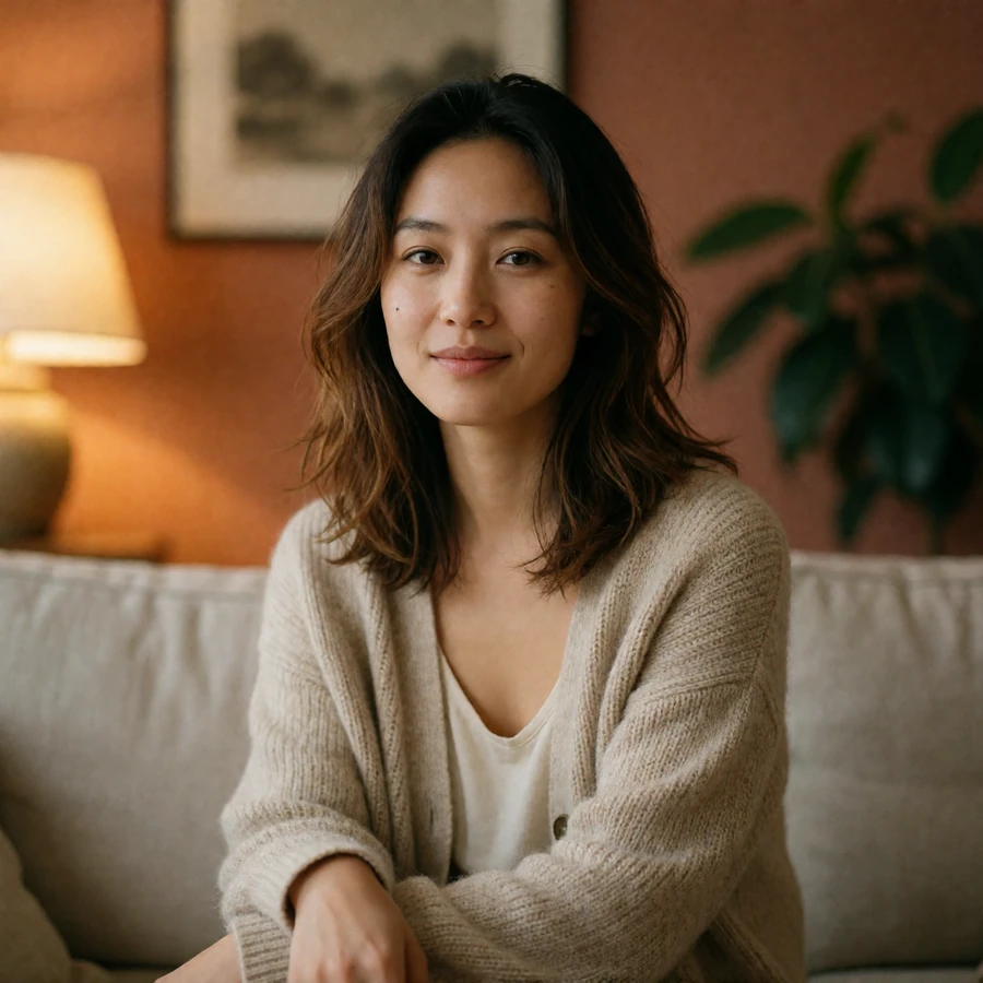 Smiling woman in a beige cardigan at home, an example member on AsiaFlame where men meet Asian women seeking serious relationships