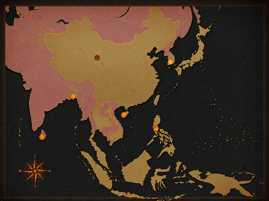 Retro-style map of China, Japan, Thailand, Vietnam and the Philippines showing where AsiaFlame female members are located