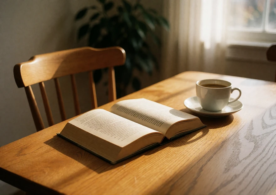 Open book and a cup of coffee on a sunlit kitchen table, illustrating the quiet moment before starting over after divorce